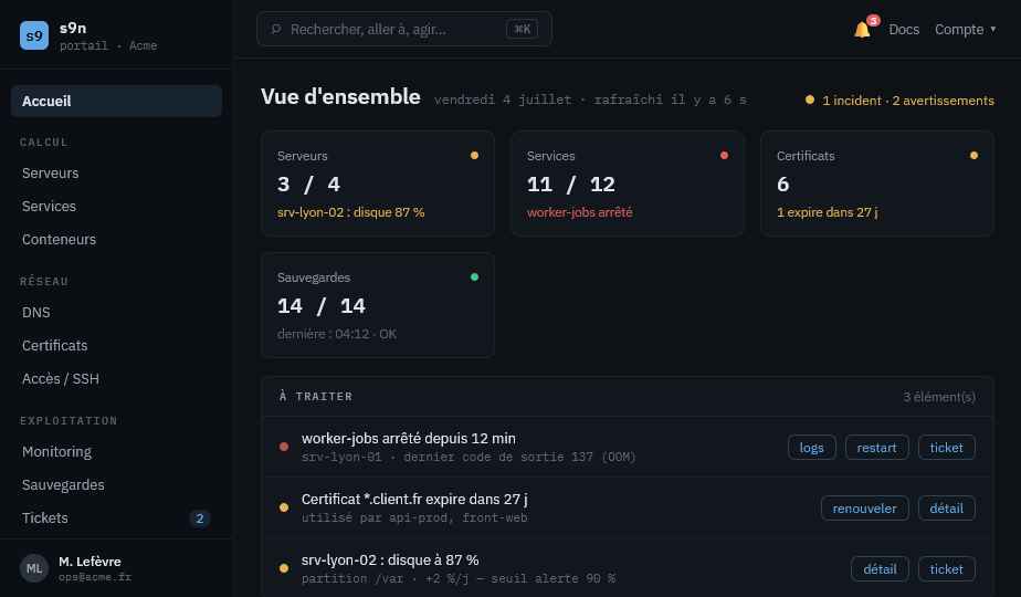 Portail s9n — vue d'ensemble : état des serveurs, services, certificats et sauvegardes
